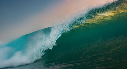 Giant ocean wave illuminated by sunset light. Enormous ocean wave rising high with golden sunset...