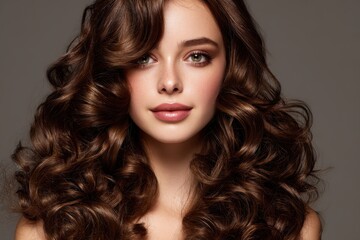 Fototapeta premium Lovely girl with curly brown hair and classic makeup Attractive face and hair