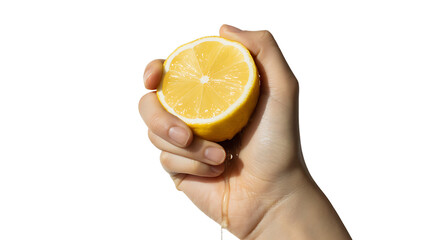 Squeezing fresh lemon juice hand squeezing lemon half citrus fruit on transparent background