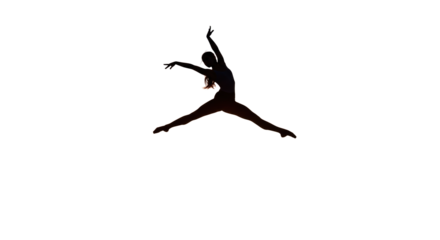 Young athletic female silhouette in a balletic grand jeté, suspended mid-air against a vibrant golden hour desert sky with dramatic backlighting, artistic expression