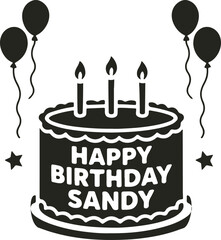Colorful and festive "Happy Birthday Sandy" vector with balloons, confetti, and bold lettering—perfect for cards, posters, or digital greetings.