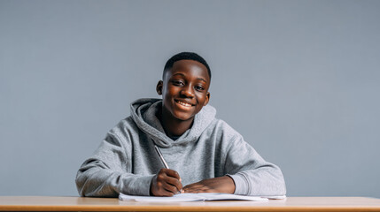 A smiling Black student is writing, ready to learn and succeed in his studies.