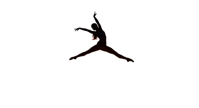 Young athletic female silhouette in a balletic grand jeté, suspended mid-air against a vibrant golden hour desert sky with dramatic backlighting, artistic expression