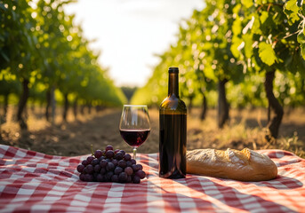 A romantic picnic spread with a bottle of red wine, a glass of wine, fresh grapes, and crusty bread set on a red and white checkered blanket in a sun-drenched vineyard.