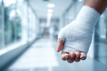 Man with bandaged hand at hospital