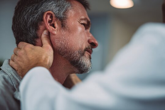Man with neck trauma seeing doctor for examination - Powered by Adobe
