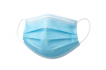 Light blue surgical mask on transparent background preventing coronavirus transmission