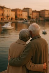 Fototapeta premium A loving elderly couple embraces by the waterfront, enjoying a serene sunset over a picturesque harbor, symbolizing companionship and tranquility.
