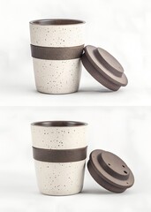 chic minimalist ceramic travel mugs with wooden lids and speckled design on white marble background