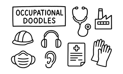 Fototapeta premium Occupational doodles: safety, health, and industrial symbols in hand-drawn style