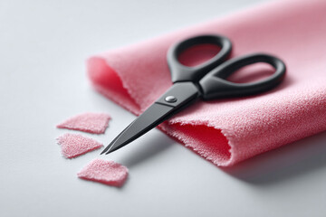 Craft concept featuring scissors and cut pink cloth on a clean surface. Ideal for tailoring, sewing, crafts, creative projects, or design related themes.