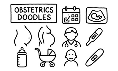 Doodle style obstetrics icons: pregnancy, ultrasound, and more