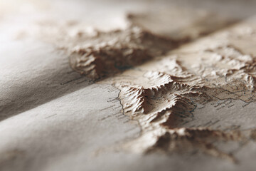 Detailed macro view of a textured, topographical map. Evokes exploration, discovery, and cartography. Ideal for travel, history, or geographic themes.