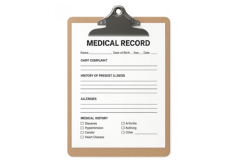 Medical record on clipboard showing patient history and information on transparent background