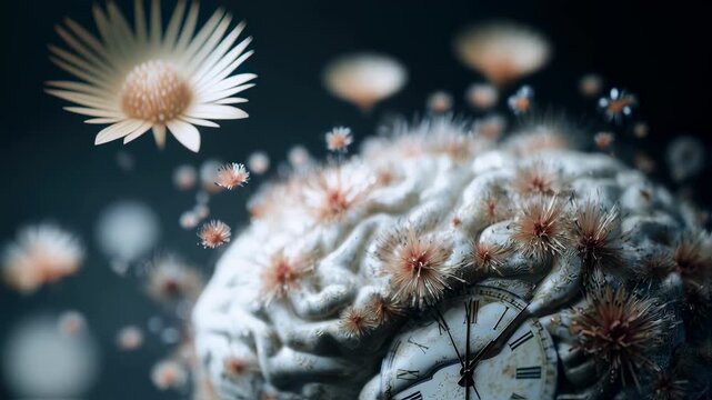 Detailed medium shot of a mechanized brain blooming radiant blossoms faded clocks hovering softly out of focus conveying the timesensitive challenge of preventing cognitive