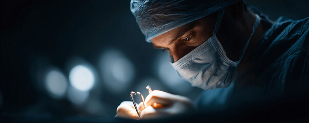 Intense, dramatic portrait of a surgeon performing a procedure under focused light. Represents precision, dedication, medical science, and the weight of responsibility.