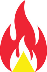 A simple red and yellow fire flame icon shown as a flat design vector illustration. An isolated graphic symbol representing heat, energy, and danger.