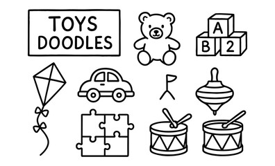 Hand drawn children's toys doodles with teddy, puzzle, and kite