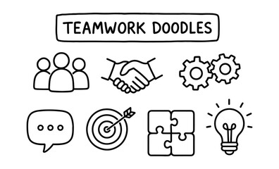 Hand-drawn teamwork elements with doodles and icons for collaborative concepts
