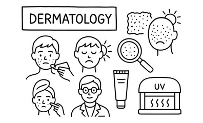 Dermatology essentials: skincare and acne treatment icons in linear style