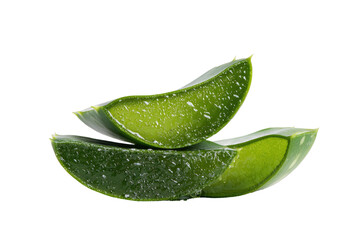 Two aloe vera slices stacked, displaying a vibrant green gel interior and textured surface