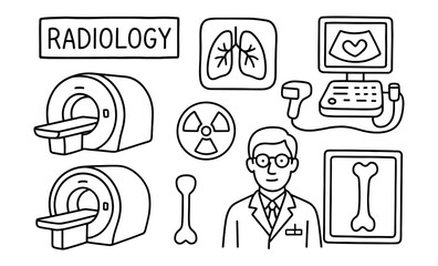 Radiology doodle set featuring mri scanners, x-ray symbols, and medical professionals