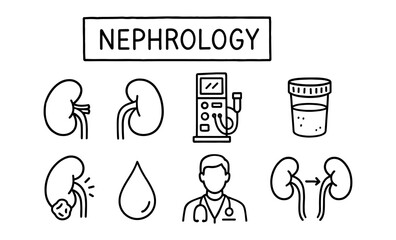 Nephrology medical icons set featuring kidneys and dialysis machine in linear style