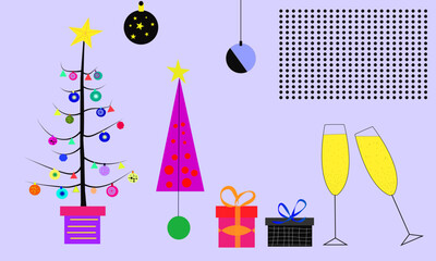 Minimalist pop art Christmas and New Year celebration with gifts, trees and champagne