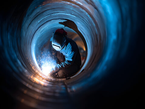 An image portraying a welder working inside a pipe for the construction of the NLG Natural Gas and Fuels Transport Pipeline, symbolizing clean and green power and energy in heavy industry.