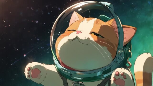 A cheerful orange tabby cat in a space suit gazes at the cosmos, surrounded by colorful stardust
