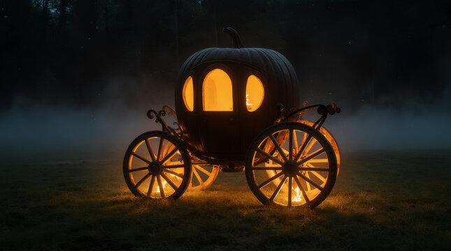A glowing pumpkin carriage in a misty, moonlit clearing, surrounded by magic and forest charm