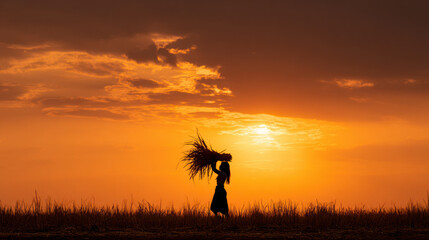 A person silhouetted carrying crops against a beautiful golden sunset in the field.
