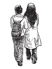Two young modern city girls, students walking outdoors, backpack, long hair, realistic sketch, vector hand drawn illustration on white background