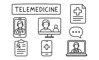 Telemedicine concept with gadgets and medical icons in linear style