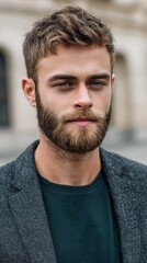 Obraz premium Confident man showcasing high-fashion style during holiday in an urban setting with elegant architecture