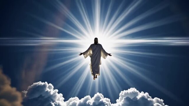 Cinematic religious depiction of Jesus Christ ascending into heaven surrounded by golden light.