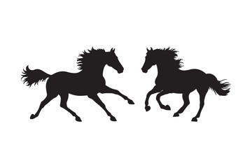 Silhouettes of two black horses galloping freely