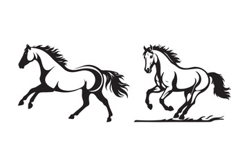 Two stylized horses in motion black and white illustration