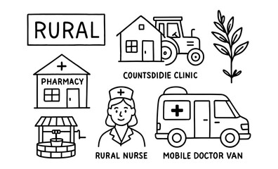 Naklejka premium Healthcare and agriculture in rural communities: hand-drawn medical and farming elements