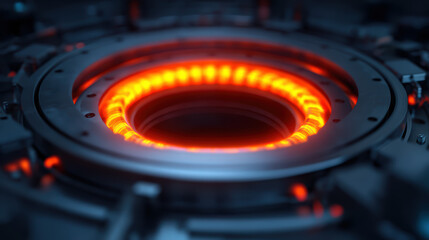 A close-up view of a glowing, circular mechanical component with vibrant red lighting, showcasing advanced technology and intricate design.