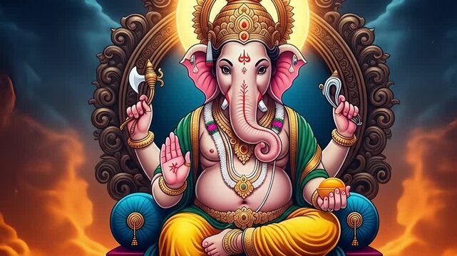 Image is a digital artwork featuring a detailed and vibrant depiction of the Hindu deity Ganesha, seated on an ornate throne. Ganesha is illustrated with multiple arms, each holding symbolic items, an