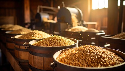 Wooden barrels filled with grains in a mill