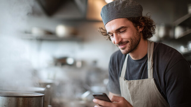 A handsome chef in a bustling kitchen smiles while using his smartphone. Modern culinary professional connecting, managing orders, or researching recipes.