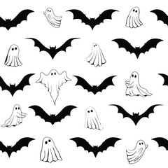 Seamless Halloween Ghost and Bat Silhouette Pattern
