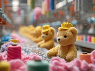Cute toy bears with hats in a toy factory convey childhood memories, craftsmanship, and whimsy. Good for childrens products, craft projects or heartwarming themes.