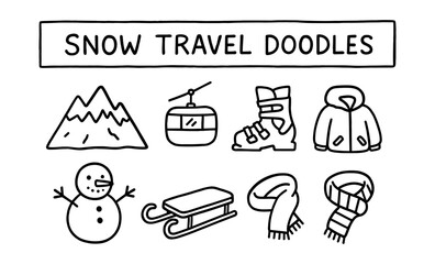 Fototapeta premium Hand-drawn winter travel icons featuring snow sports gear and scenic elements
