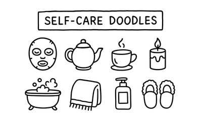 Relaxing self-care doodles featuring spa, tea, and wellness icons in simple line art