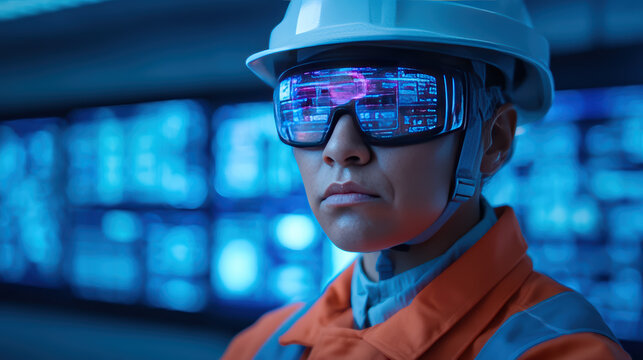 A focused worker in a hard hat and high-visibility gear, wearing advanced augmented reality glasses, stands before a digital display of data and analytics.
