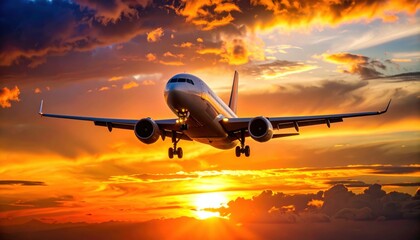 Fototapeta premium Passenger jet descends through vibrant sunset clouds. Dramatic fiery sky backdrop, landing gear down.