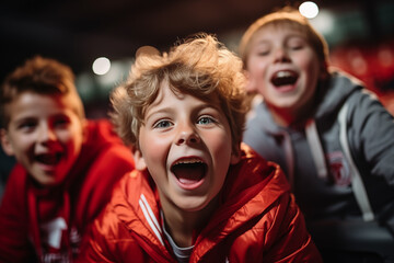 Joyful children shouting and laughing at stadium, wearing red jackets, excited during live sports event celebration
